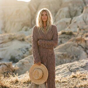 FREE PEOPLE Sweet Talker Long Crochet Cardigan | Boardwalk Brown | M | EUC